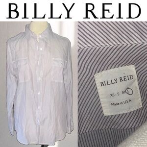 Billy Reid Men's White Gray Pinstripes Double Pocket Linen LS Button Down